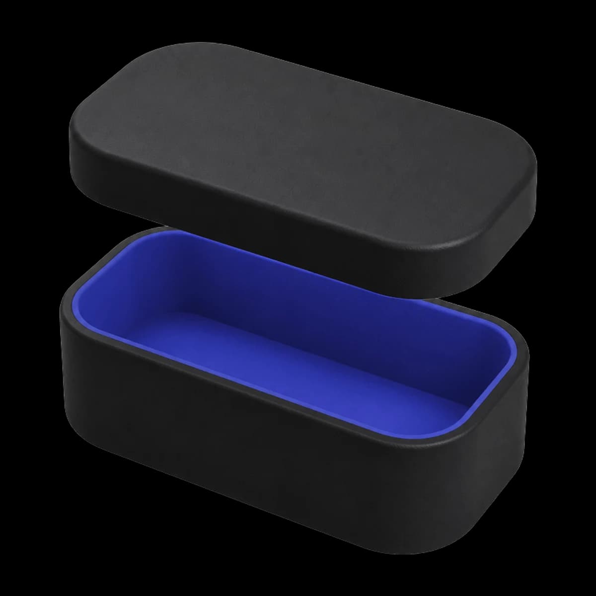 A matte black box, lid lifted, indigo inside