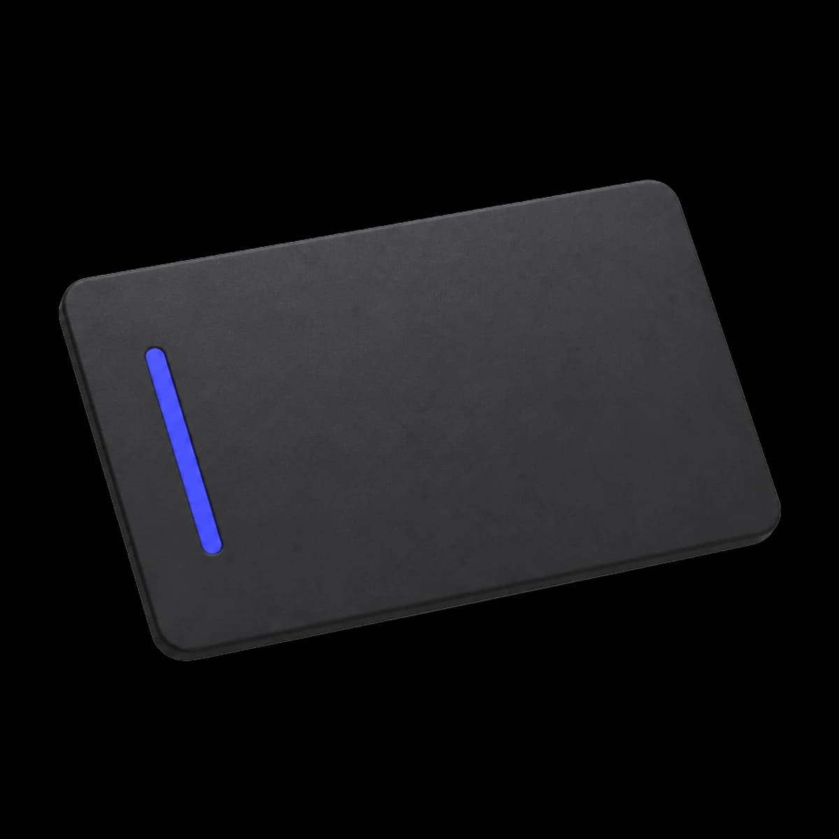 A matte black card with an indigo bar
